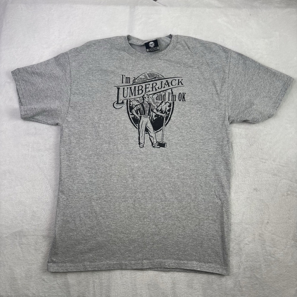 VTG Jinx I'm a Lumberjack and I'm Ok Grey Short Sleeve Graphic Shirt Men's LG